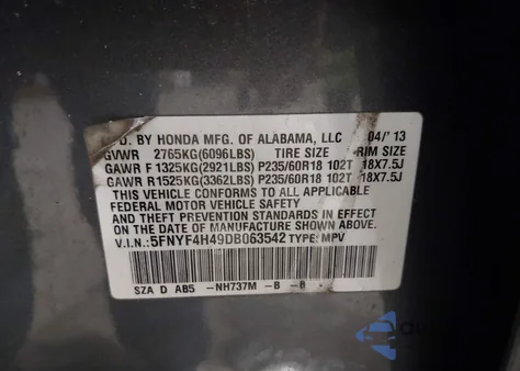 2013 Honda Pilot Ex из США, поврежденный, VIN 5FNYF4H49DB063542